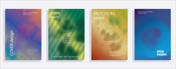 Minimalistic cover design templates. Set of layouts for covers of books, albums, notebooks, reports, magazines. Line halftone gradient effect, flat modern abstract design. Geometric mock-up texture