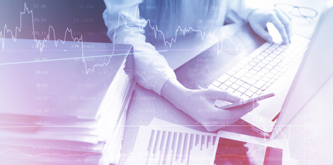 Business woman planning analysing statistics data abstract background. Finance stock market strategy or accounting  money management concept.