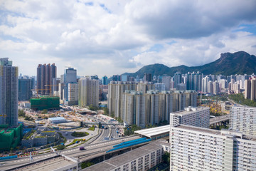 Aerial  view photo from flying drone of a developed new of  urban with Expressway and Road traffic an important infrastructure in Hongkong