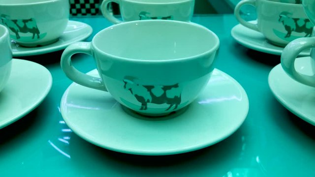 Blue color concept of catering culture, Hong kong milk tea, empty tea cup display
