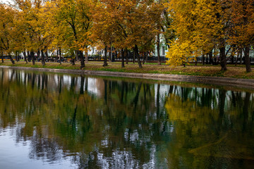 Autumn forest lake reflection landscape. Autumn pond. Beautiful fall nature.