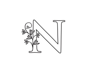 Nature letter N leaf icon logo design, floral logo N icon design. hand drawn floral with letter.