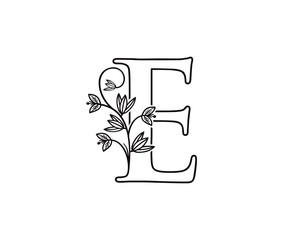 Nature letter E leaf icon logo design, floral logo E icon design. hand drawn floral with letter.