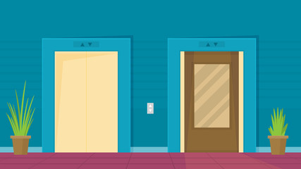 Indoor and outdoor elevator in the building. flat vector illustration