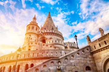 Fishermens Bastion in Budapest during sunset with blue sky and clouds. Budapest, Hungary