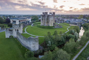 Trim castle aerial view at sunset. Trim, Ireland. May 2019