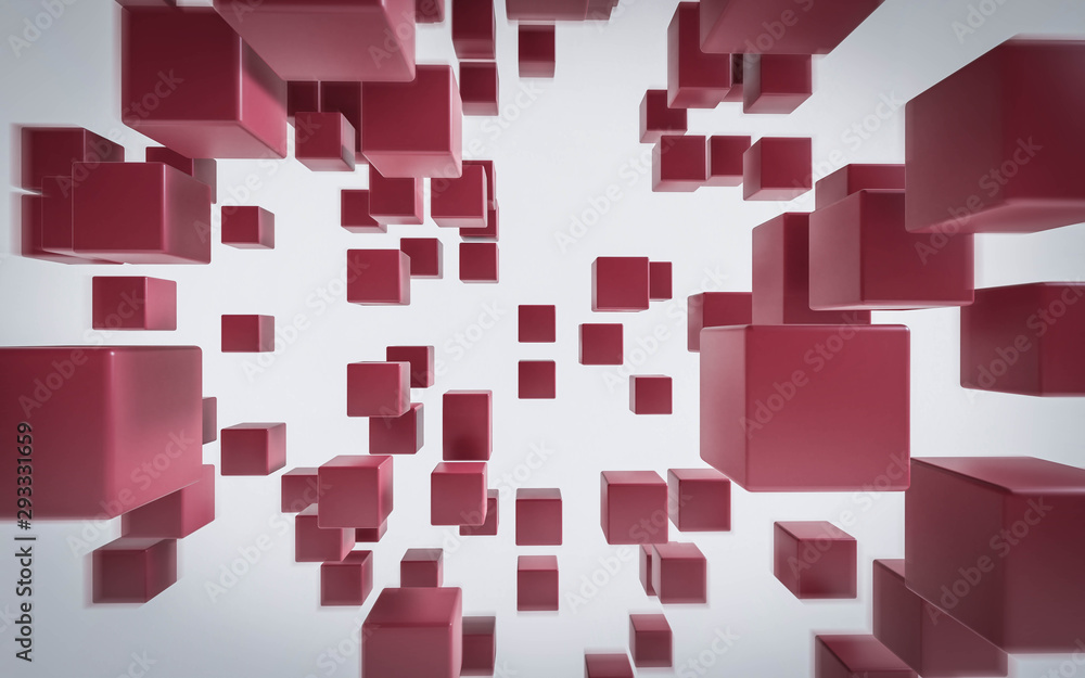 Poster red flying cubes and boxes in in front of white background abstract 3 render illustration