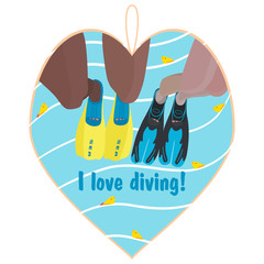 Souvenir heart on a marine theme. I love diving! Male and female legs in flippers jump into the water. Yellow fish in the sea. Summer concept of recreation, tourism, diving training,  sea vacation.
