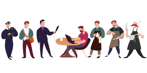 Professionals people 7 male worker characters. Man illustration set isolated on white background. Vector illustration flat style. For creating stylish designs motion animation websites promo prints. 