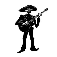 El mariachi skeleton musician. Dia de los muertos guitarist character. Black and white isolated silhouette with contour. Vector illustration for halloween.