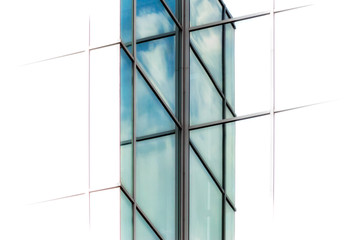 windows of a tall business office building with reflection of sky and clouds on a white background in isolation