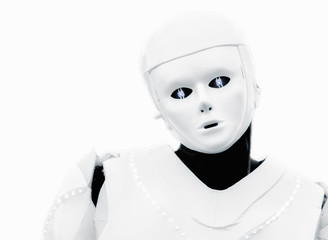portrait of a man in a robot suit with blue eyes isolated on a white background