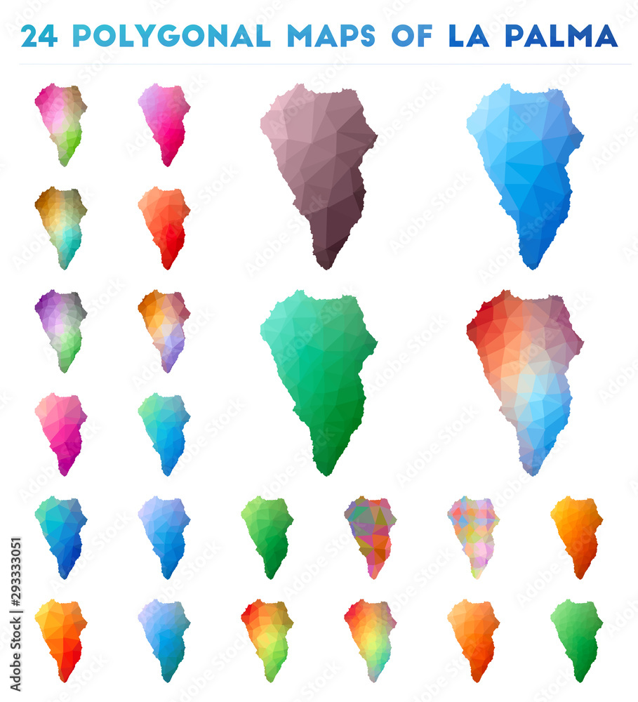 Poster set of vector polygonal maps of la palma. bright gradient map of island in low poly style. multicolo