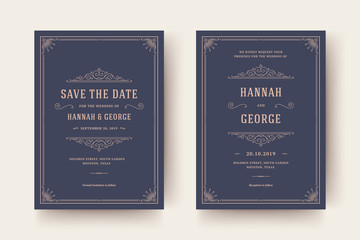 Wedding invitation and save the date cards flourishes ornaments. Vintage victorian frames and decorations.