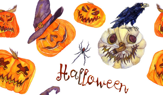 Halloween colorfull pattern design, pumpkin, witch hats, spider, crow. Hand painted watercolor on white background