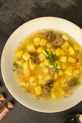 soup or broth with liver and vegetables (delicious first course) menu concept. food background. copy space. Top view