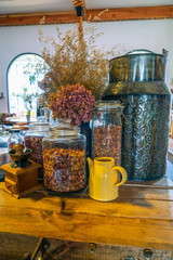 Assorted herbal tea in the jars at vintage styled coffeeshop