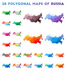 Set of vector polygonal maps of Russia. Bright gradient map of country in low poly style. Multicolored Russia map in geometric style for your infographics.