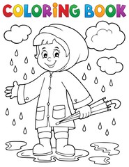 Coloring book girl in rainy weather 1