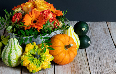 Colours. Wooden. Table. Flowers. Fall. Pumpkins. Deco