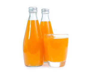 Orange juice in glass bottle isolated on white background