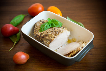 homemade baked meat with spices in ceramic form