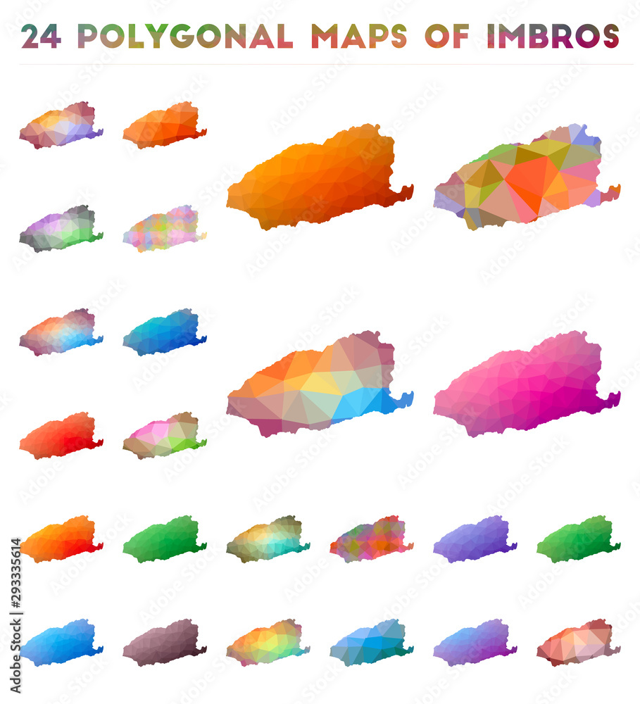 Poster set of vector polygonal maps of imbros. bright gradient map of island in low poly style. multicolore