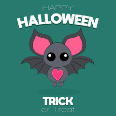 Happy Halloween! Trick or Treat! Funny caartoon bat on orange background. Vector isolated illustration
