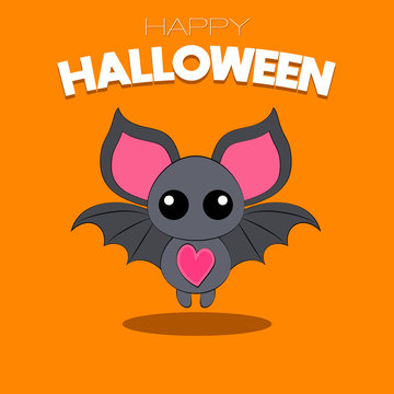 Happy Halloween! Funny cartoon bat on orange background. Vector isolated illustration