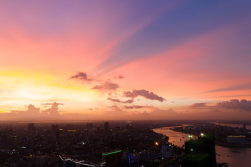 Phnompenh capital of Cambodia on the sunset with beautiful landscape by drone with Koh Pich island 