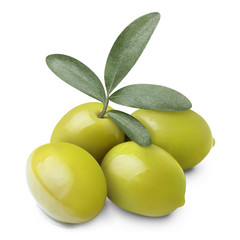Delicious green olives with leaves, isolated on white background