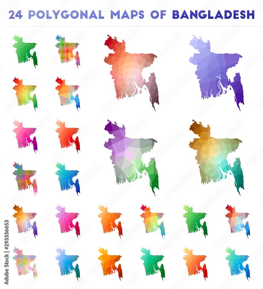 Poster set of vector polygonal maps of bangladesh. bright gradient map of country in low poly style. multic