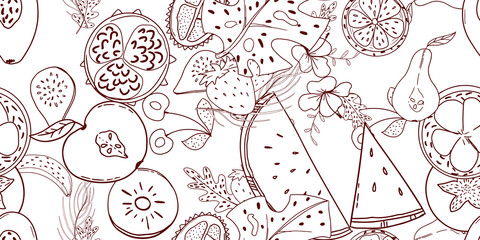 Tropical fruit line pattern. Tropical fruits home textile design background. Elegance sketch style