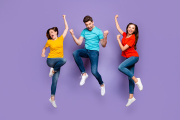 Full length size body photo of three group of people one handsome crazy guy and two beautiful...