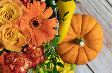 Water Drops. Autumn. Colour. Bouquet. Flowers. Pumpkins. Deco