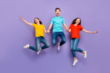 Full length size body photo of three group of persons having funky party and date together wearing...