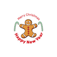 Happy New Year emblem template. Cute gingerbread man with candy sticks and christmas greetings composition. Xmas congratulations. Winter season holidays wishes poster, greeting card design