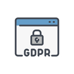 Website with GDPR secure color line icon. Browser page with padlock vector outline colorful sign.