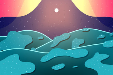 Nature with snow at night. Beautiful landscape with stars. Outdoor vector illustration design. Beautiful landscape.