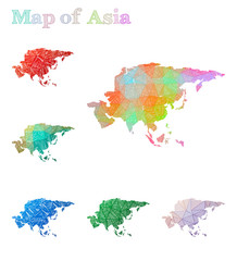 Hand-drawn map of Asia. Colorful continent shape. Sketchy Asia maps collection. Vector illustration.