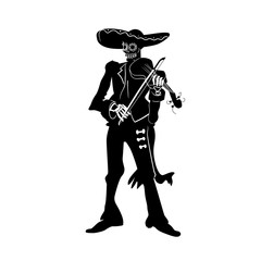 El mariachi skeleton musician. Dia de los muertos violinist character. Black and white isolated silhouette with contour. Vector illustration for halloween.