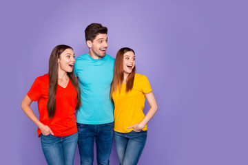 Portrait of nice attractive lovely amazed cheerful cheery glad friendly guys wearing colorful...