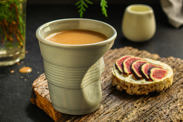 healthy food, sandwich, crisp bread, figs, coffee (breakfast or snack, cream cheese, butter, yogurt) menu concept. food background. copy space. Top view