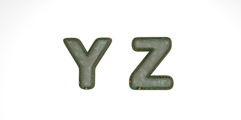 3D font from green hi-tech chips on a white background, technical font, the letters in it are yz. isolate