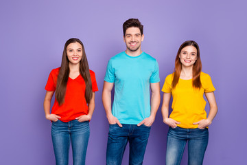 Portrait of nice-looking attractive lovely cheerful cheery confident content guys wearing colorful...