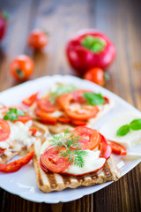 Closeup of a fresh sandwich with mozzarella, tomatoes