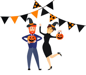 Happy Halloween, Funny Man and Woman, Vector Illustration 