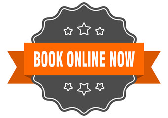 book online now isolated seal. book online now orange label. book online now