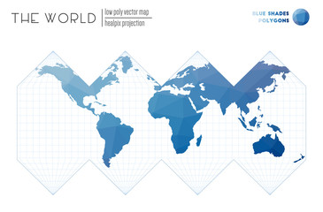 Abstract geometric world map. HEALPix projection of the world. Blue Shades colored polygons. Awesome vector illustration.