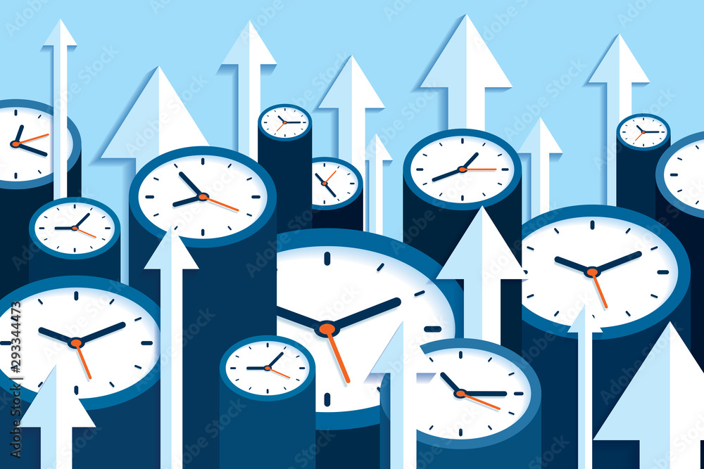 Aufkleber time up. fast decision. 3d clock icons in flat style, arrows and timers on blue background. time man